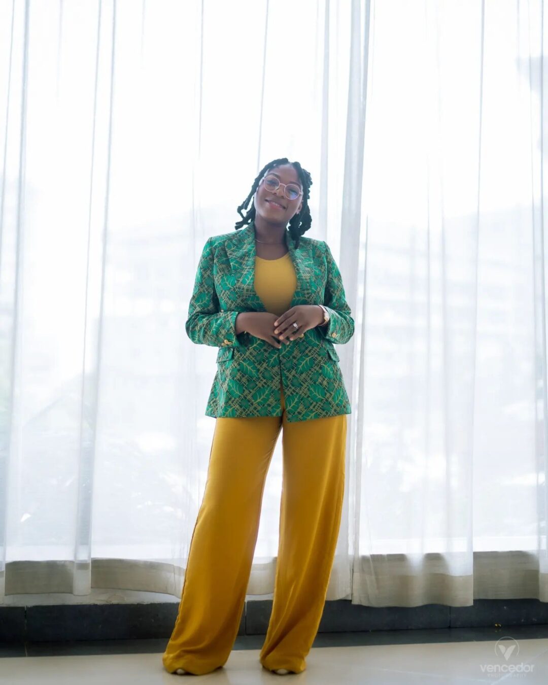 Emerald Geo Luxe Blazer & Mustard Palazzo Set | Women 1