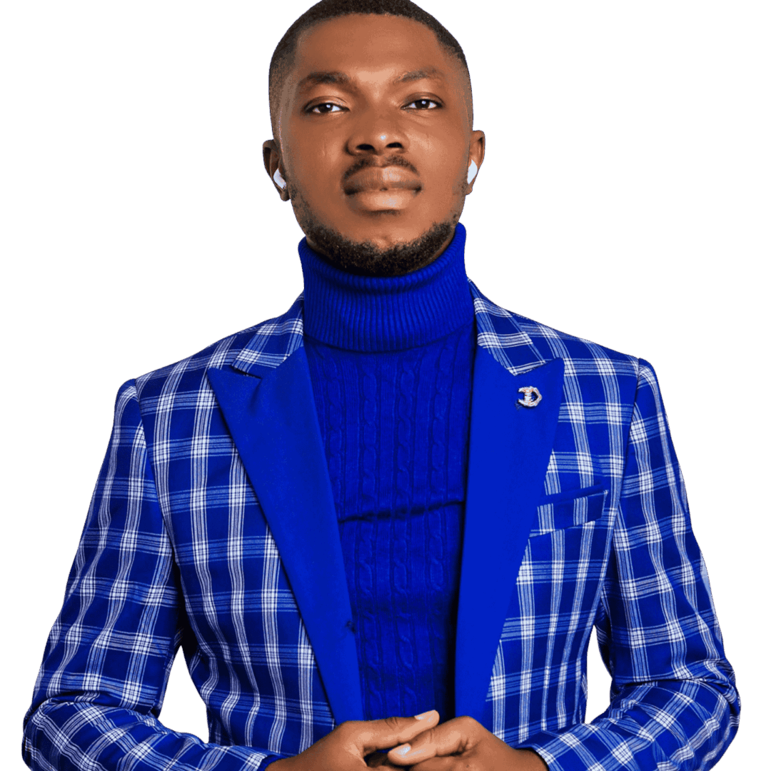 men's blue check brazer with turtleneck inner.